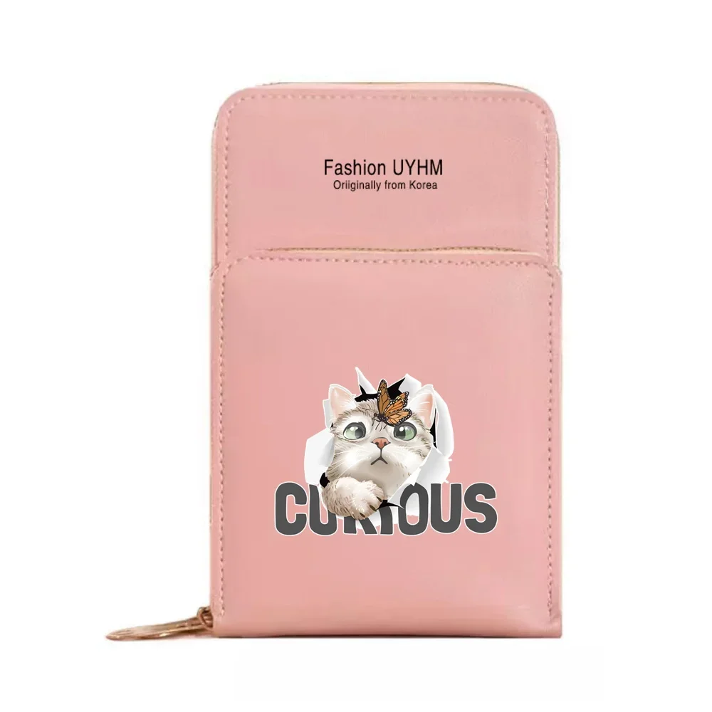 Universal Mobile Phone Bag With Touch Screen Women's Bag PU Leather Wallets Card Holder Shoulder Crossbody Pouch Cat Pattern