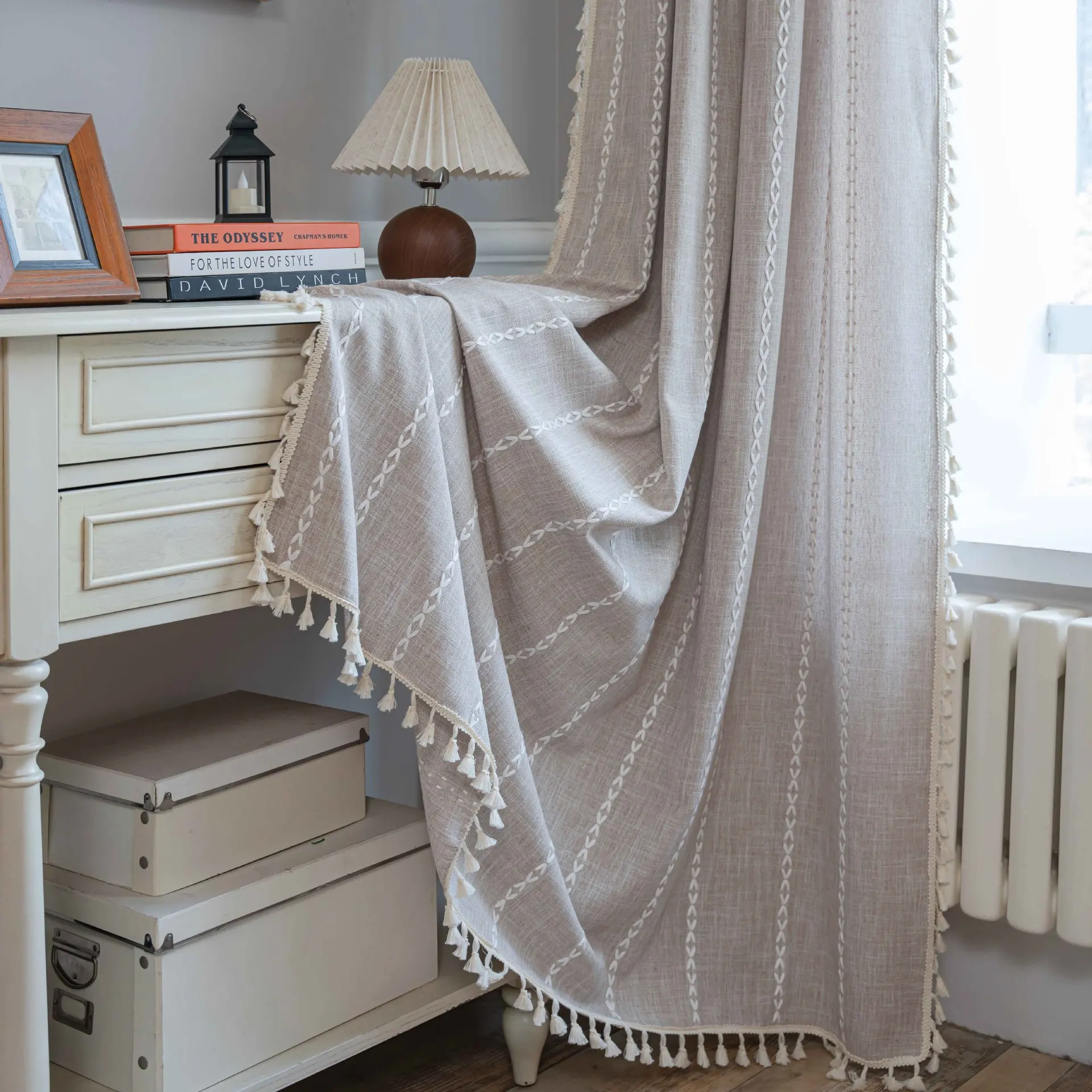 Cotton Linen Blending Curtains Road Pocket Shade Curtain Tassel for Kitchen Bedroom Living Room Bay Window Cabinet Curtain