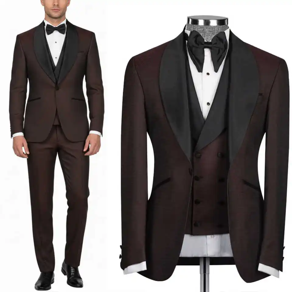 

Classic Men Suits 3 Pieces One Button Shawl Lapel Jacket Blazers Business Occasion Customized Prom Male Party Tuxedos
