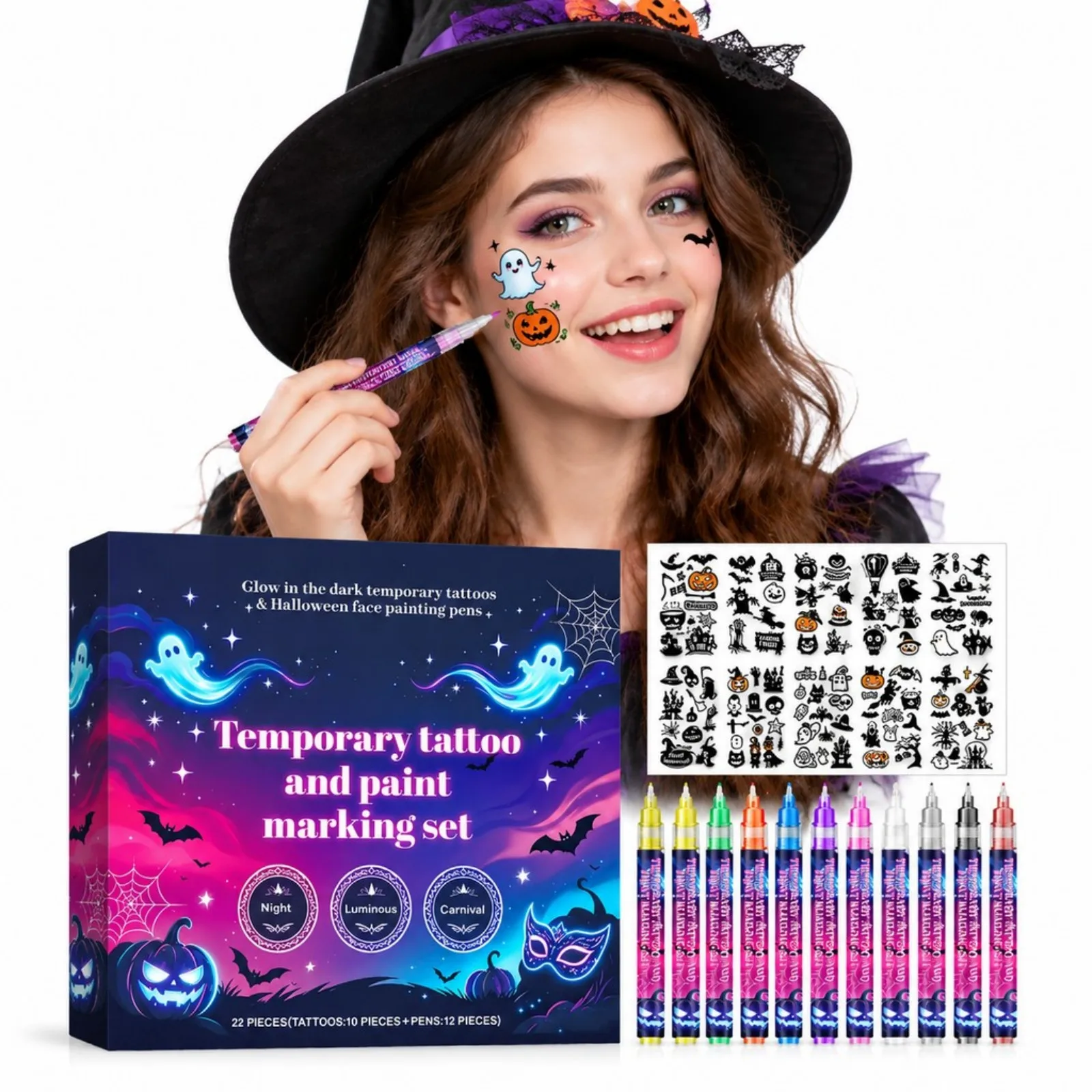 Temporary Tattoo and Body Paint Kit for Halloween Party DIY Face Body Decoration Easy Wash Off Halloween Party Glowing Makeup