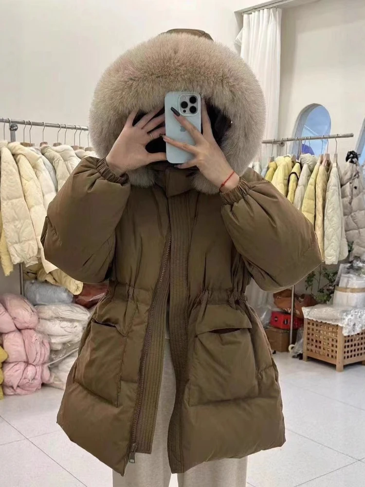

Пушистая куртка-пуховик средней длины с капюшоном, новинка 2025, зимние парки, женская одежда, плотное теплое пальто из 90% белого утиного пуха, верхняя одежда
