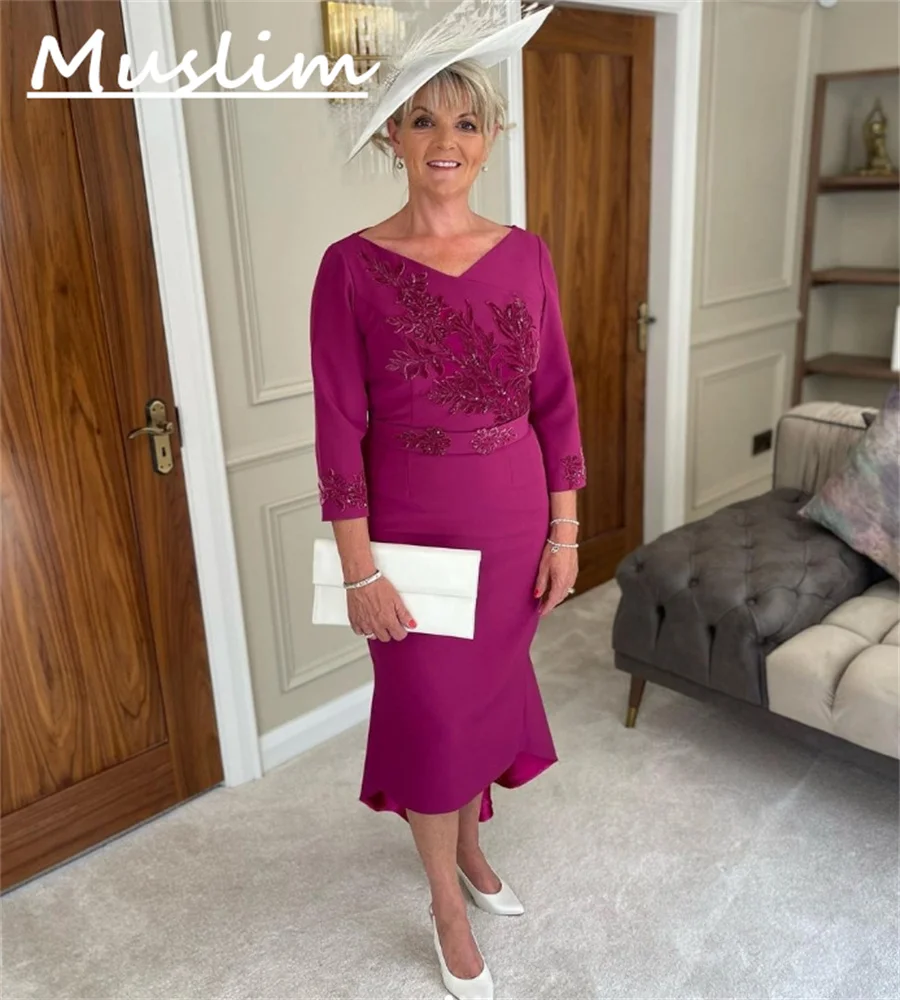 Mother Of The Bride Dress With Lace V Neck 3/4 Sleeves Midi Evening Dress Groom Mother's Wedding Guest Dress 2025 Customized