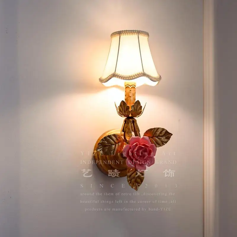 Art deco Red Rose Wall Lamp indoor Floral fixture lighting Country Pastoral Romantic Living Room hotel project gold Wall sconce