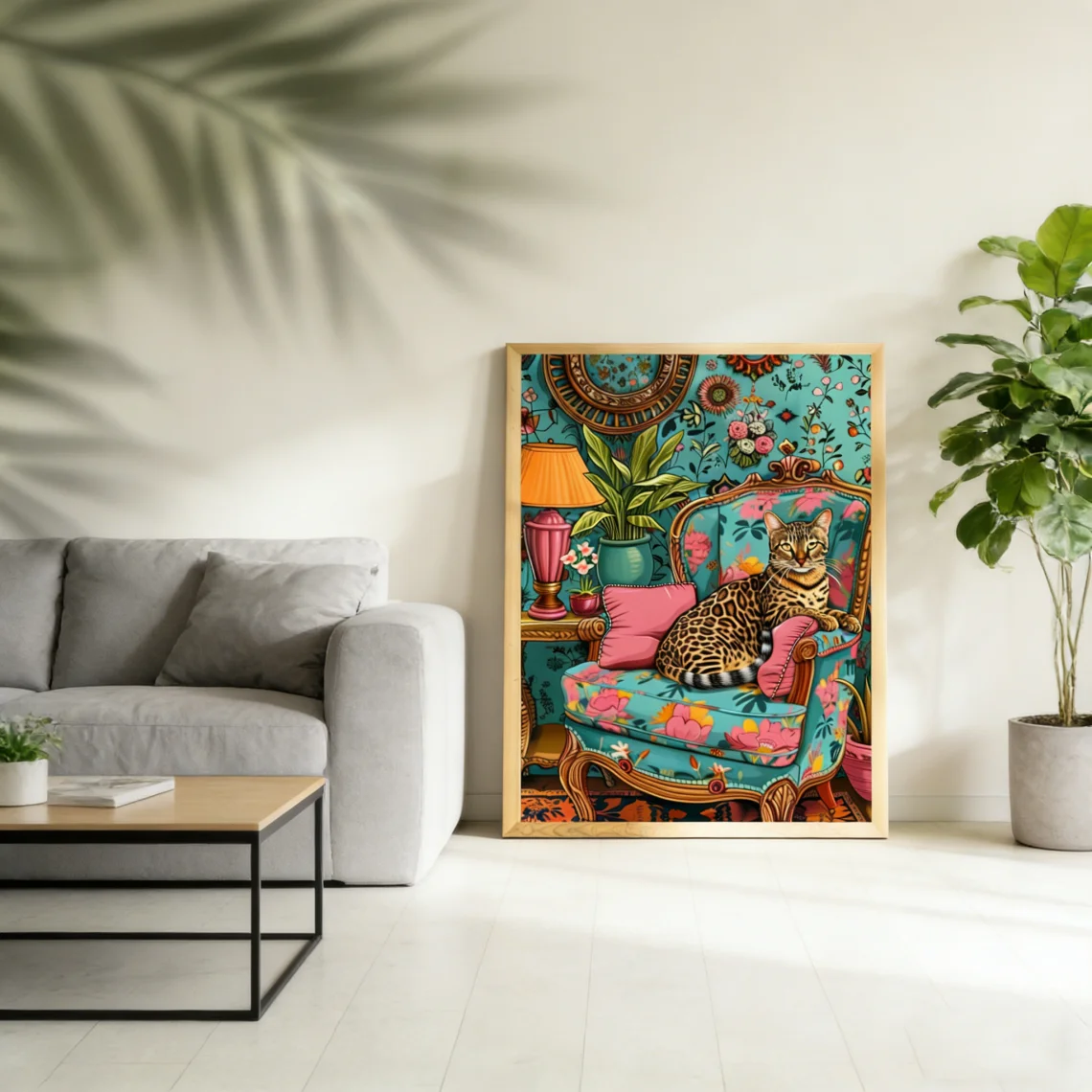 Gato de Bengala descansando en una sala de estar de lujo - Arte de pared de leopardo - Impresión máxima - Decoración de pared atrevida - Impresión de arte de gato