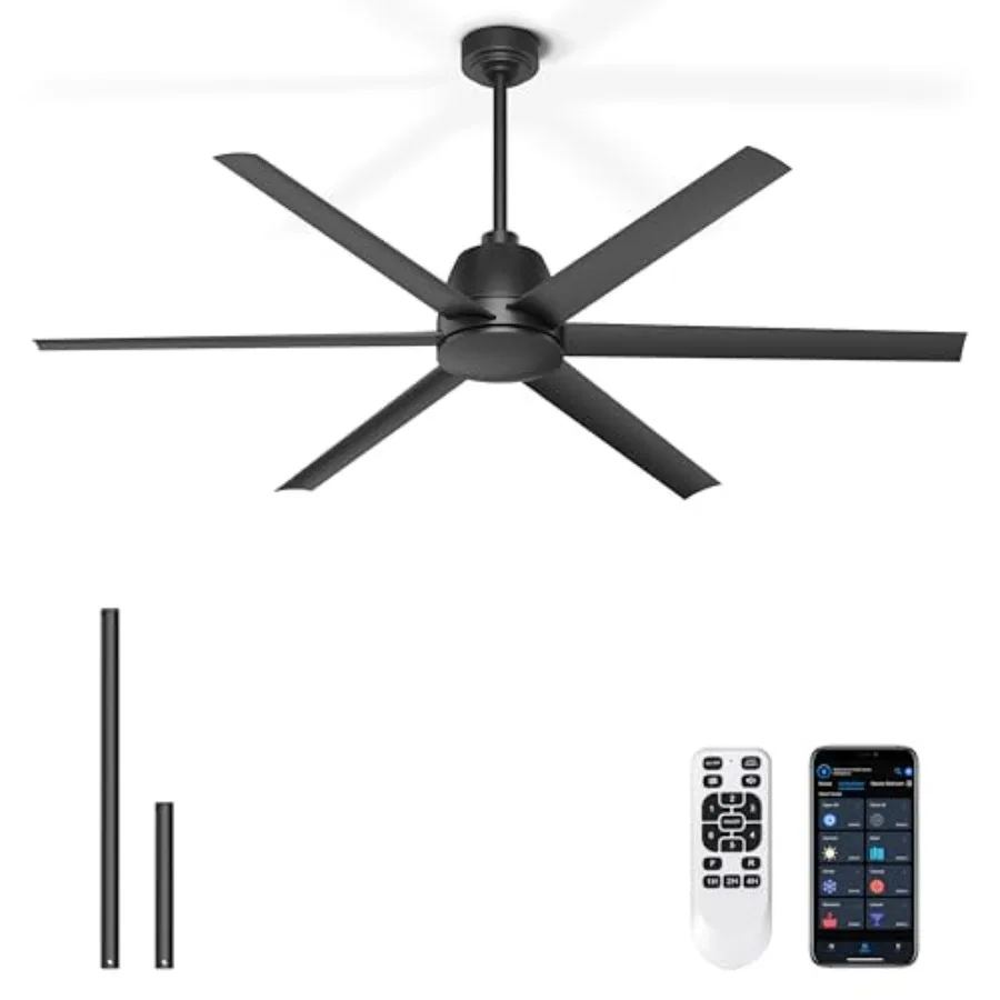 

65 Inch Ceiling Fan No Light - Black Ceiling Fan with Remote APP Control, Quiet Reversible DC Motor, 6 Blades, Indoor Outdoor C