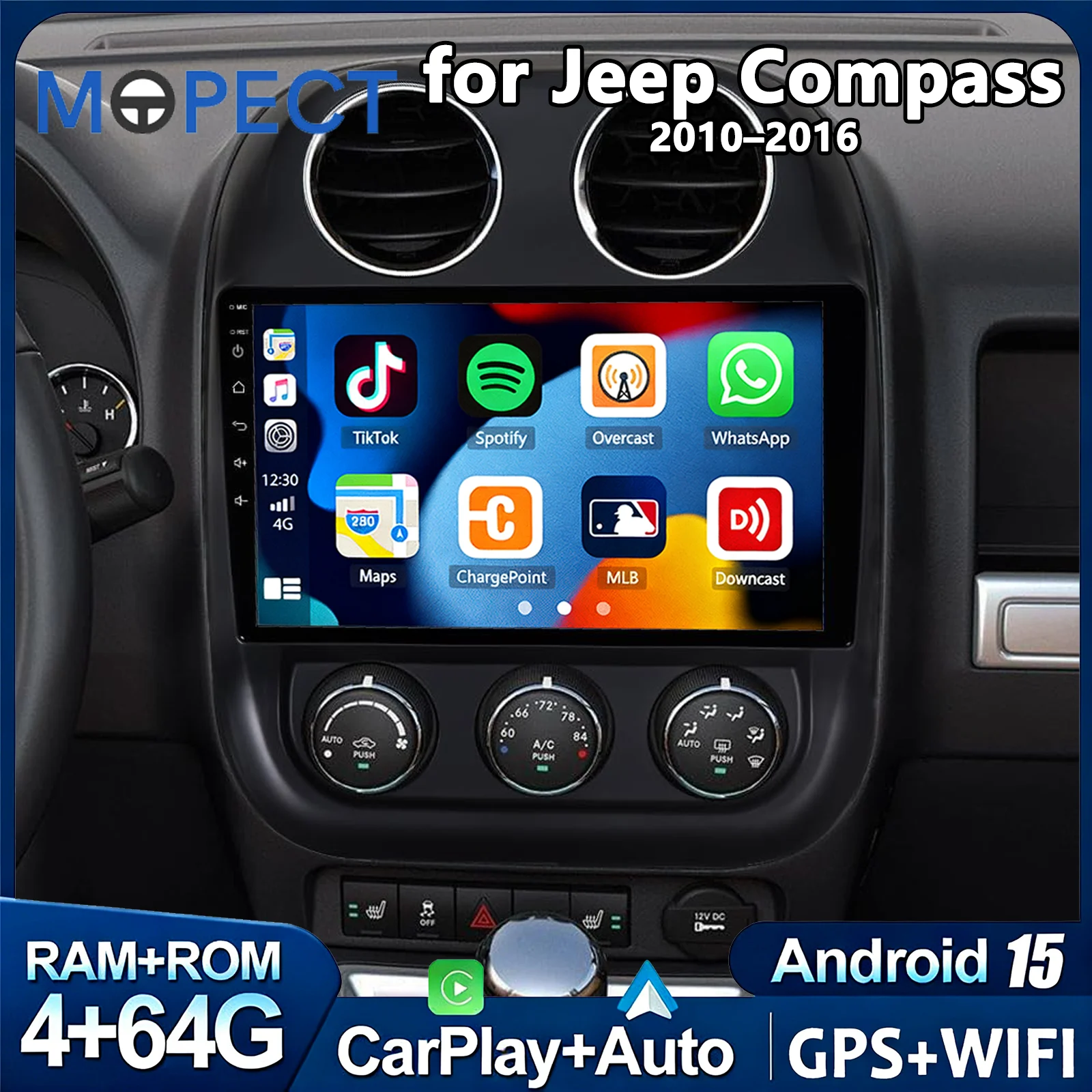 Lettore multimediale per auto MOPECT per Jeep Compass Patriot 2010 2011 2012 2013 2014 2016, CarPlay wireless, Android Auto, 4G, Wi-Fi, 2 DIN