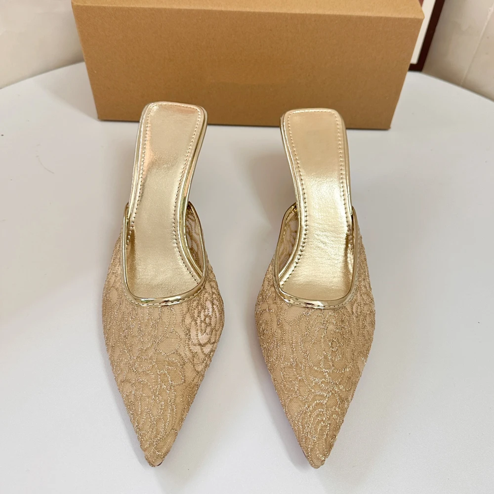 Zafetou Shoes Women 2024 Trend Winter New Style Mesh Embroidered High Heels Sexy Gold Slingback Banquet Exterior Slippers