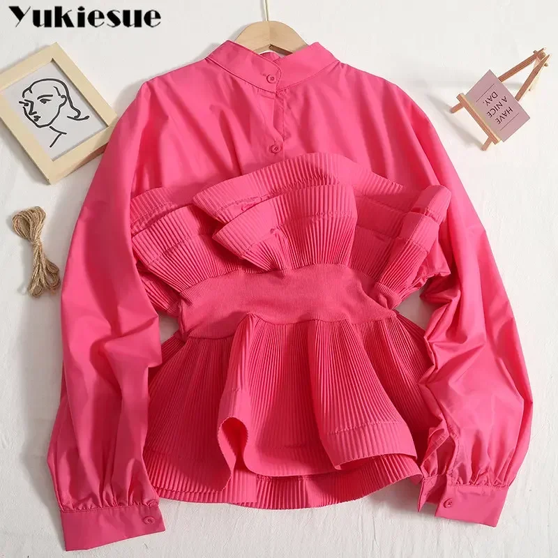 2022 Spring Autumn Fashion Tide New Koreanstytle Ruffle Ruched Shirt For Women Stand Collar Lantern Sleeve Sashes Casual shirt