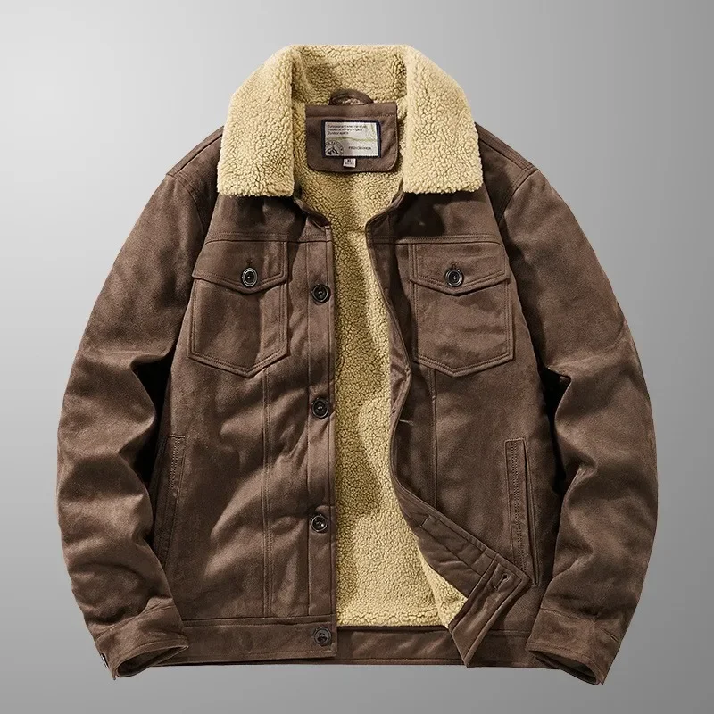 New Winter Men Fleece Warm Suede Leather Jackets Man Multi-pockets Casual Leather Coats Quality Male Fashion Down Jackets Size 4