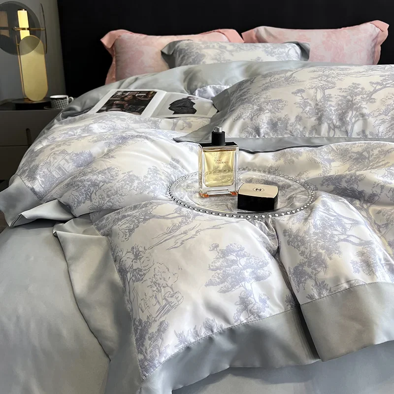 

Natural Tencel Bedding Set Luxury Quilt Cover Set Soft Duvet Cover Fitted Sheet Pillowcases Queen King Size Duvet Cover Set 이불