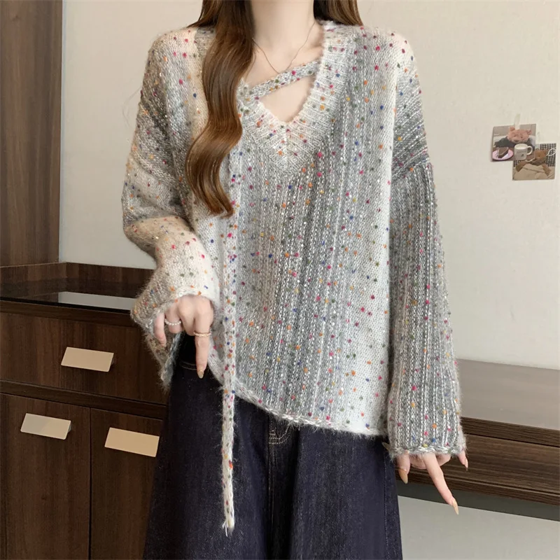 الكورية مطرز الملونة البولكا نقطة المرقعة لينة بريق سترة للنساء الخريف موضة جديدة أنيقة طويلة الأكمام البلوز الأعلى