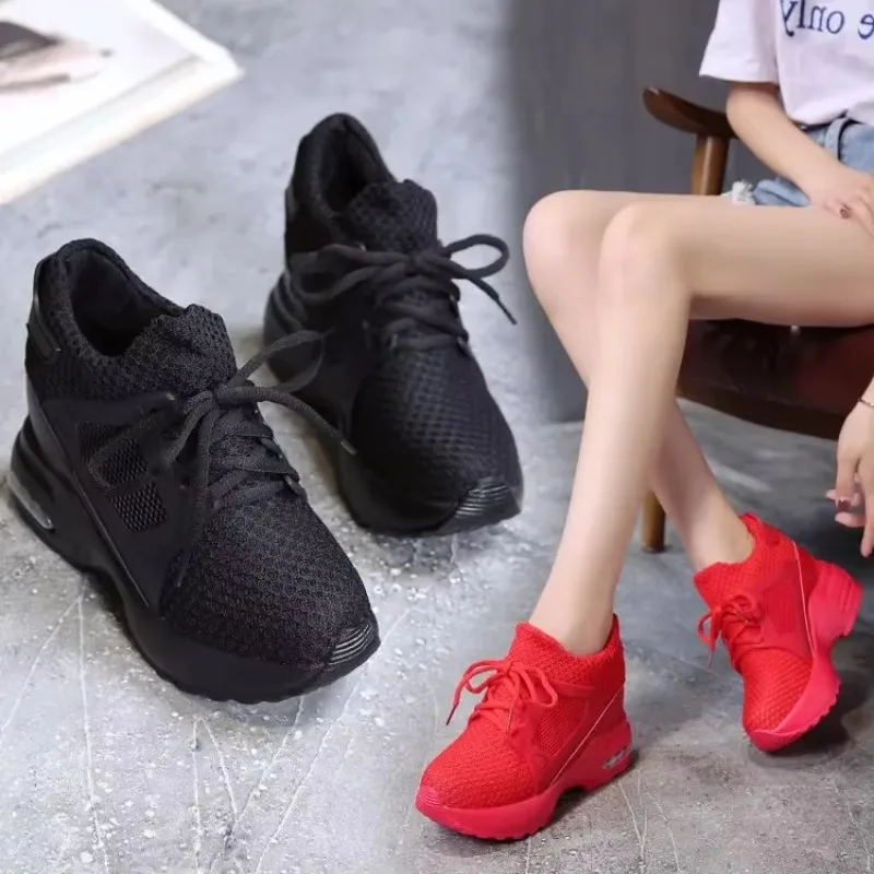 

Hot Selling Spring Thick Sole Shallow Mouth with Net Fabric Lace-up Leisure Travel Women Single Shoes High Heels Women's Shoes