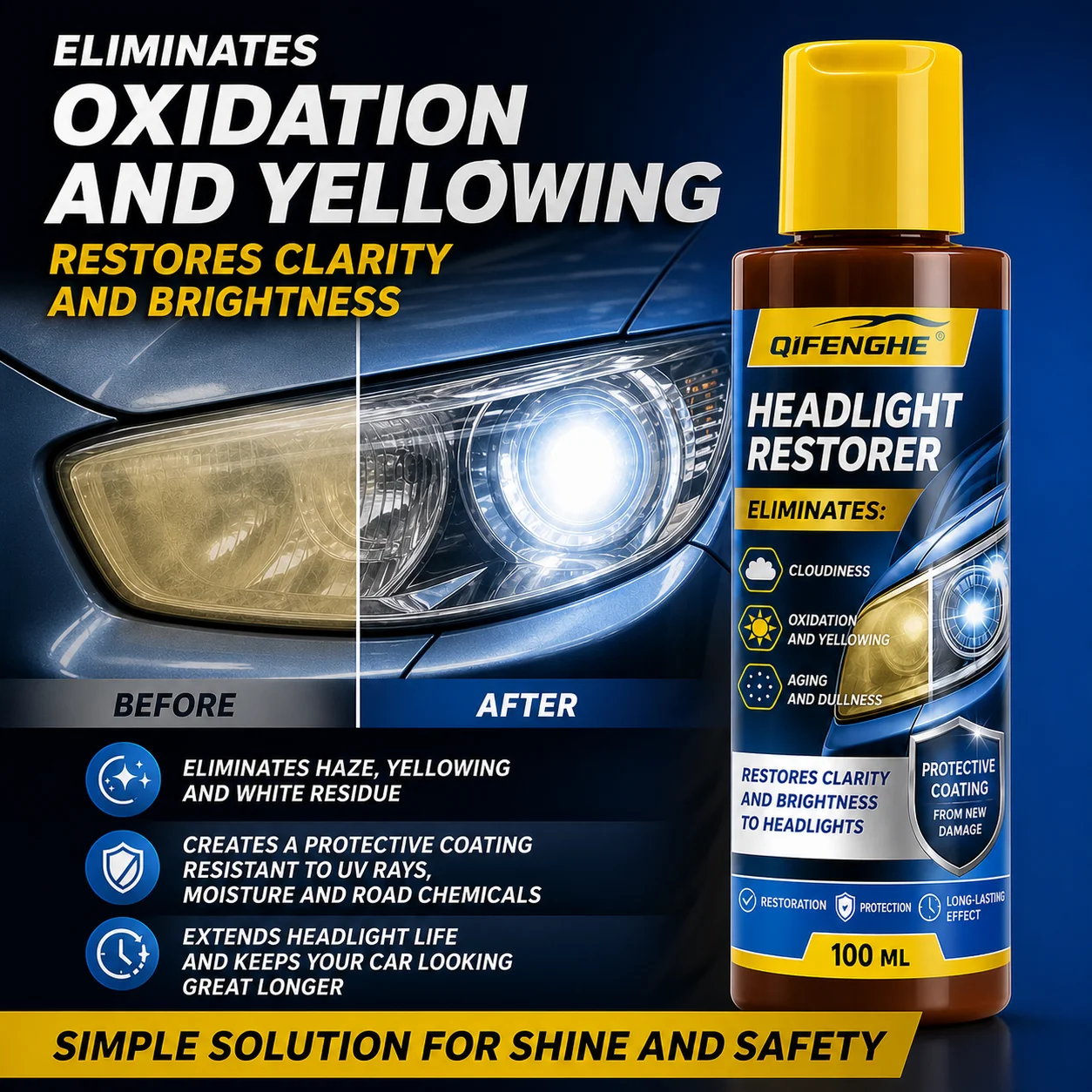 QIFENGHE 100ml Car Headlight Restorer Liquid, Headlamp Oxidation Yellowing Remover, Restore Lens Clarity & Brightness, UV Protec