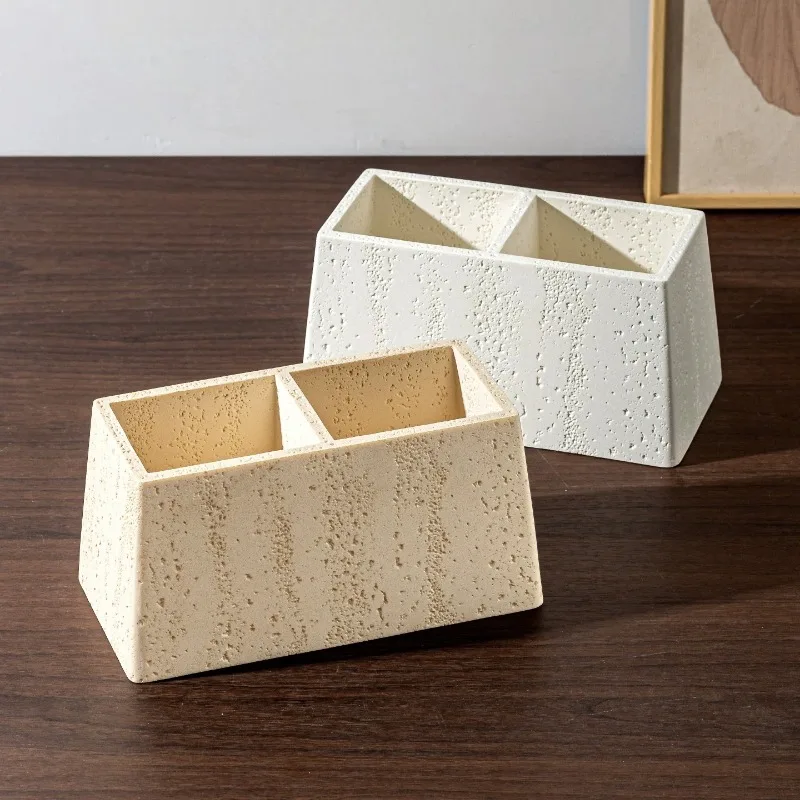 ✨ Japandi Travertine Desk Organizer, Wabi Sabi Dual Compartment Storage Box, Natural Stone Pen Holder for Living Room Aesthetic