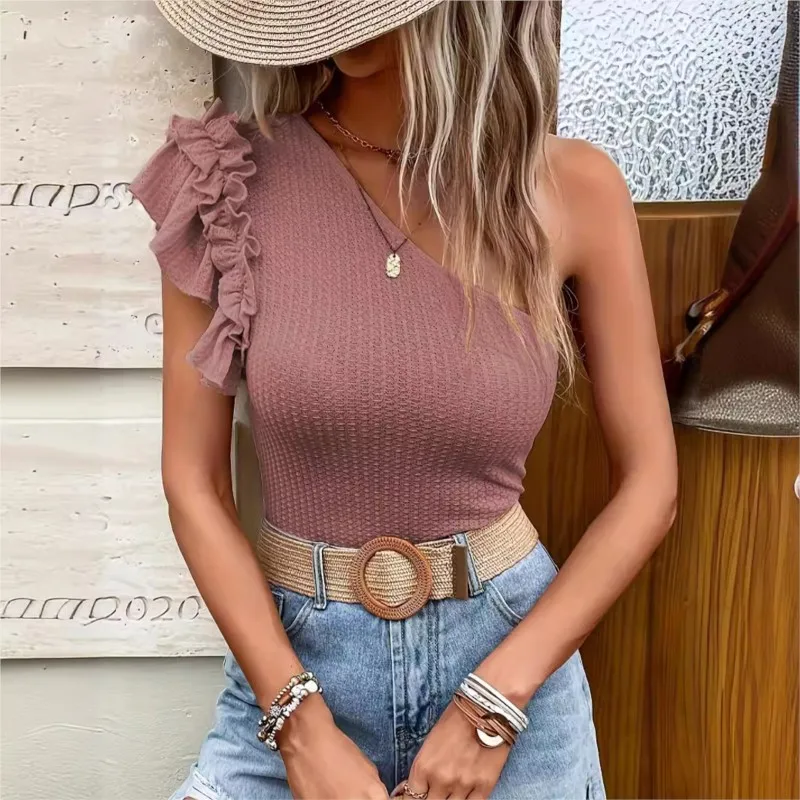 Women's Elegant Holiday Wind Lotus Leaf Edge Slant Shoulder Texture Knitted Tank Top Sleeveless Slimming T-shirt For Women