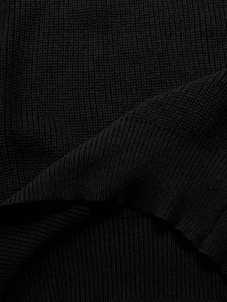 Men's Black Ribbed Half-Zip Collar Sweater, Long Sleeve, Casual Fall Winter Wear