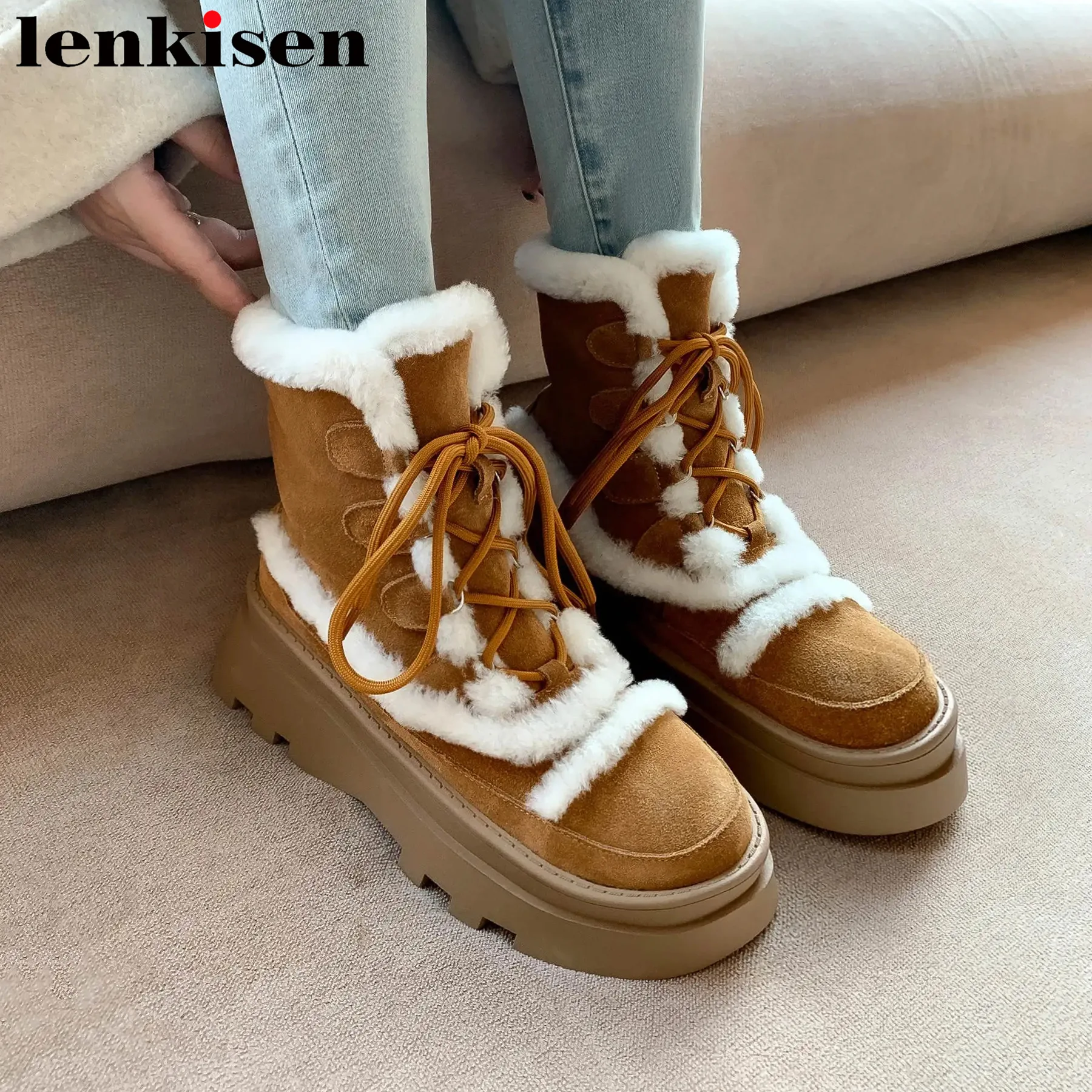 

Lenkisen Cold-resistant Wool Cow Suede Round Toe Vacation High Heels Snow Boots Fur Thick Bottom Elegant Comfortable Ankle Boots