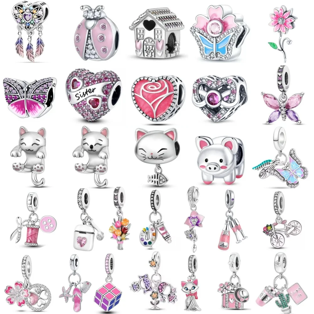 

2026 New 925 Silver Pink Charm Drawing Disc Earphones Cat Animal Pendant Suitable for Original Bracelet DIY Women's Gift