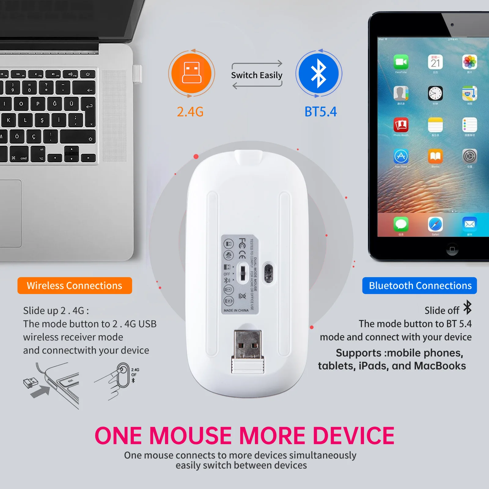Wireless Rechargeable Diamond Inlaid Mouse 2.4G BT5.4 Dual Mode Adjustable DPI 7 Colors Breathing LED Light Slim Portable Mice