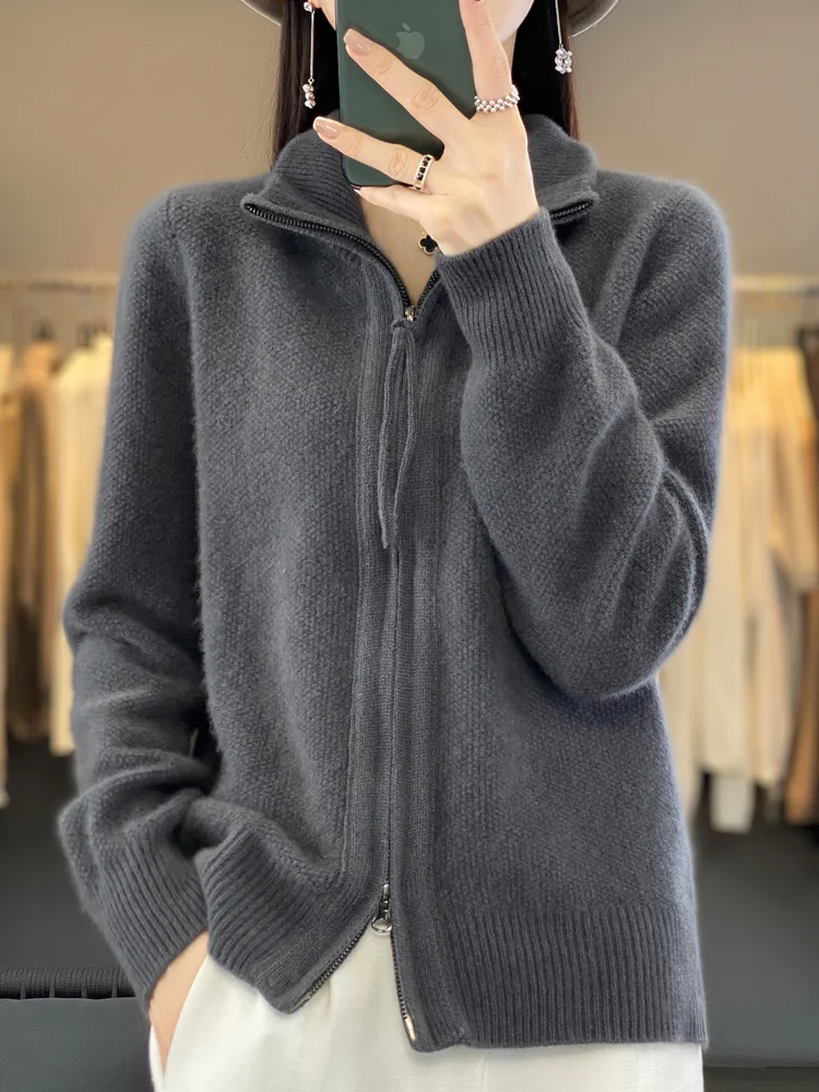 

Autumn Winter Women’s Zippers Sweater Cardigans Thick Warm Long Sleeve Cashmere Casual 100% Merino Wool Knitwear Comfortable Top