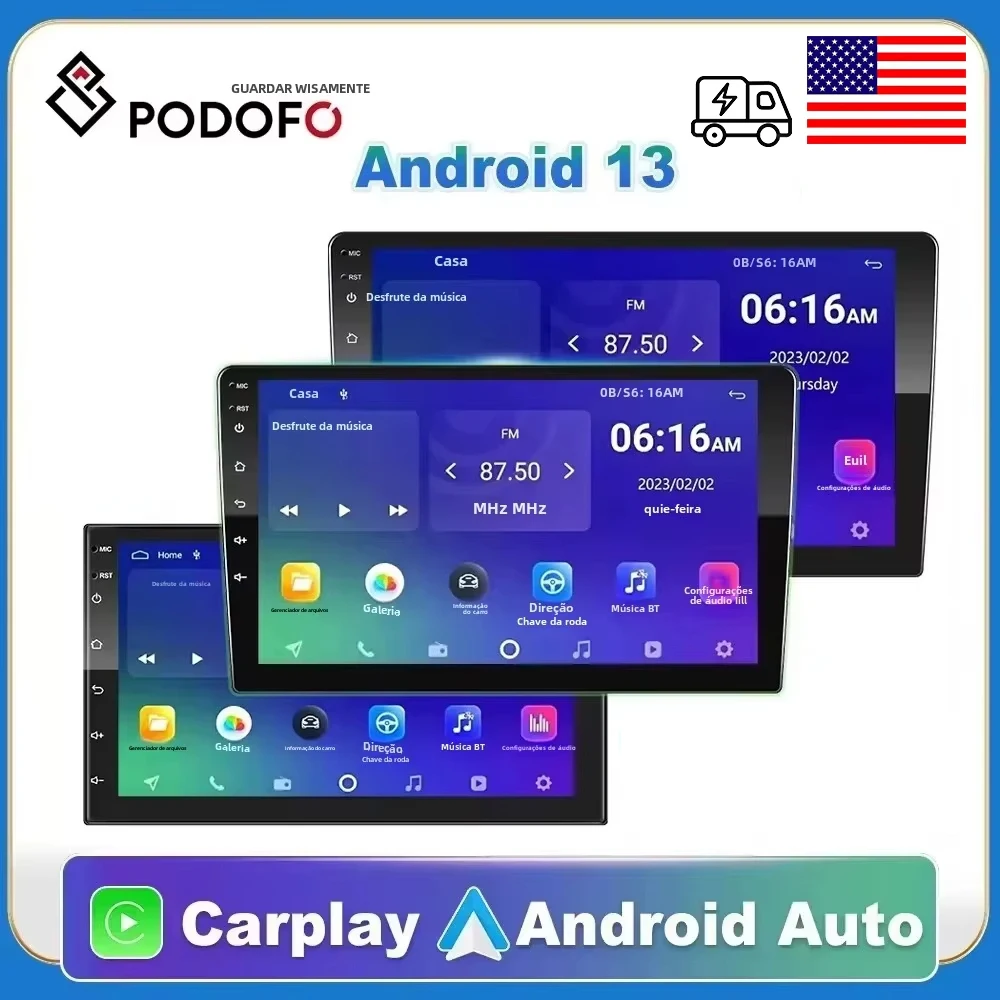 Podofo أندرويد 12 راديو السيارة Androidauto Carplay 2 Din نظام تحديد المواقع صوت السيارة 7 "/9"/10 "واي فاي BT مشغل وسائط متعددة للسيارات لشركة فولكس فاجن فورد