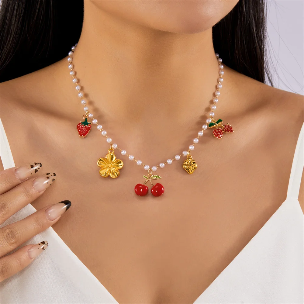 New Sweet Strawberry Cherry Beaded Necklace for Women Girls Cute Fruit Imitation Pearl Beads Metal Chain Choker Party Jewelry