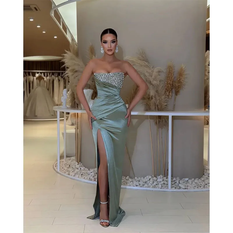 Elegant Green Prom Dresses Strapless Party Evening Dress Pleats Thigh Slit Formal Long Special Occasion Dress