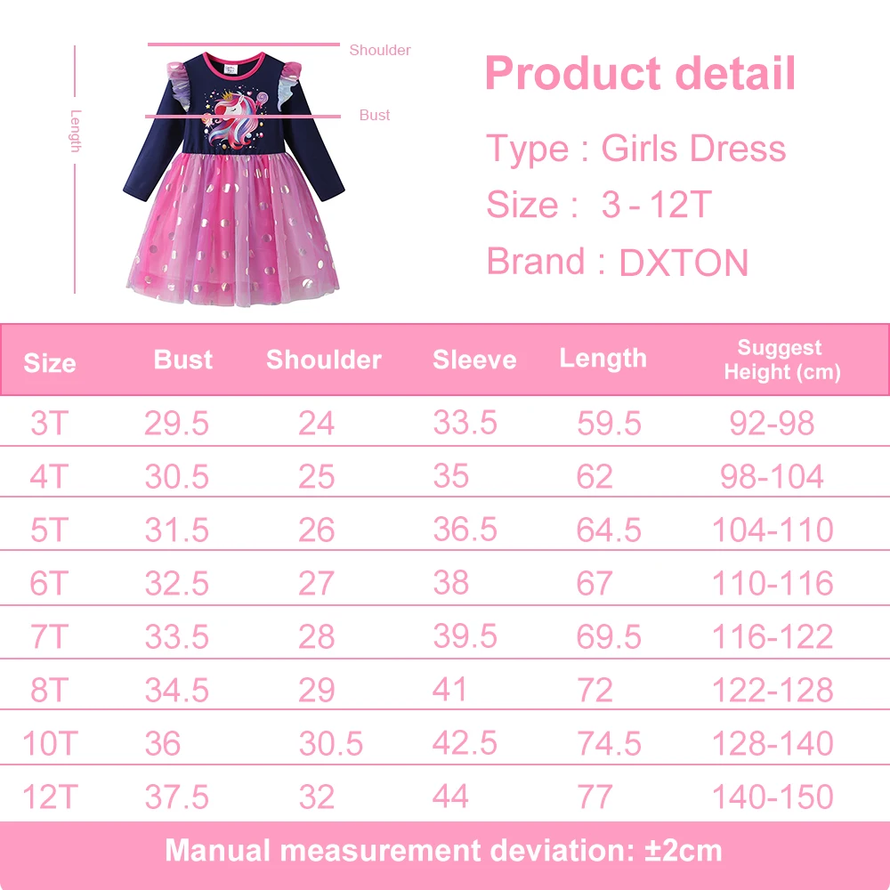 DXTON Herbst-Kleider für Kinder, Einhorn-Motiv, gepunktet, Netzstoff, Prinzessinnen-Tutu-Kleid, für Kleinkinder, Urlaub im Freien, langärmelig, Mädchenkleidung, 3–8 Jahre – Detail 1