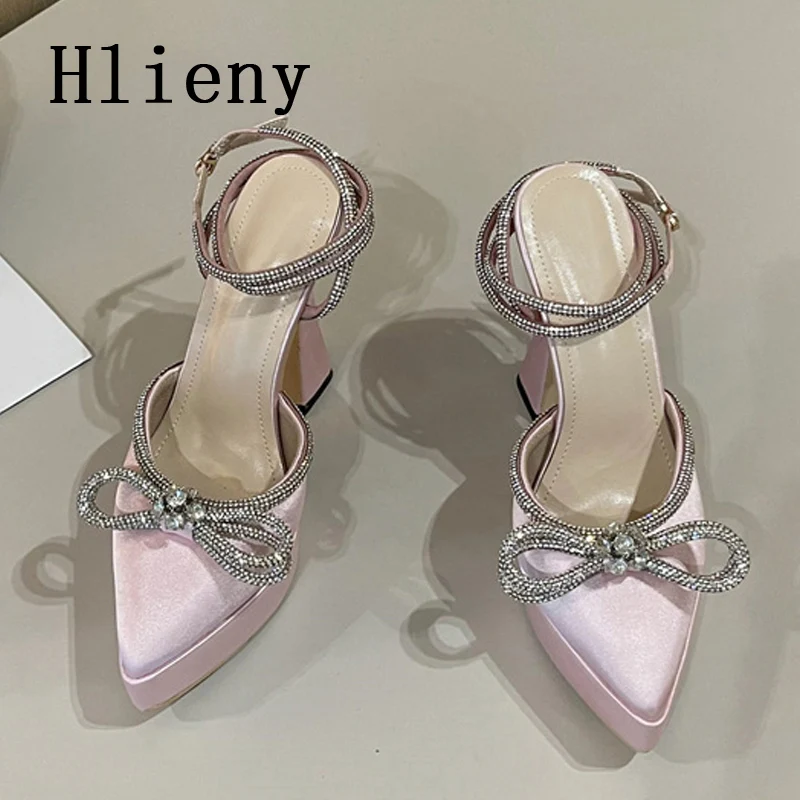 Hlieny 2024 Spring Autumn Women Pumps Fashion Platform Pointed Toe Butterfly-Knot Crystal Party Shoes Ankle Buckle Strap Sandals