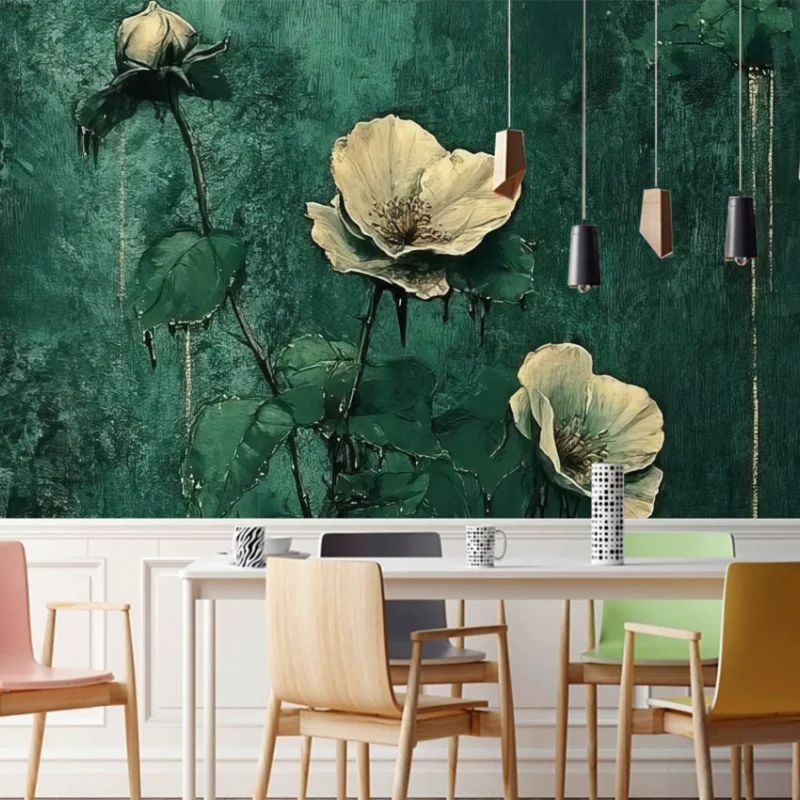 Custom Vintage green background floral mural oil painting French retro hand-painted texture light luxury living room wallpaper