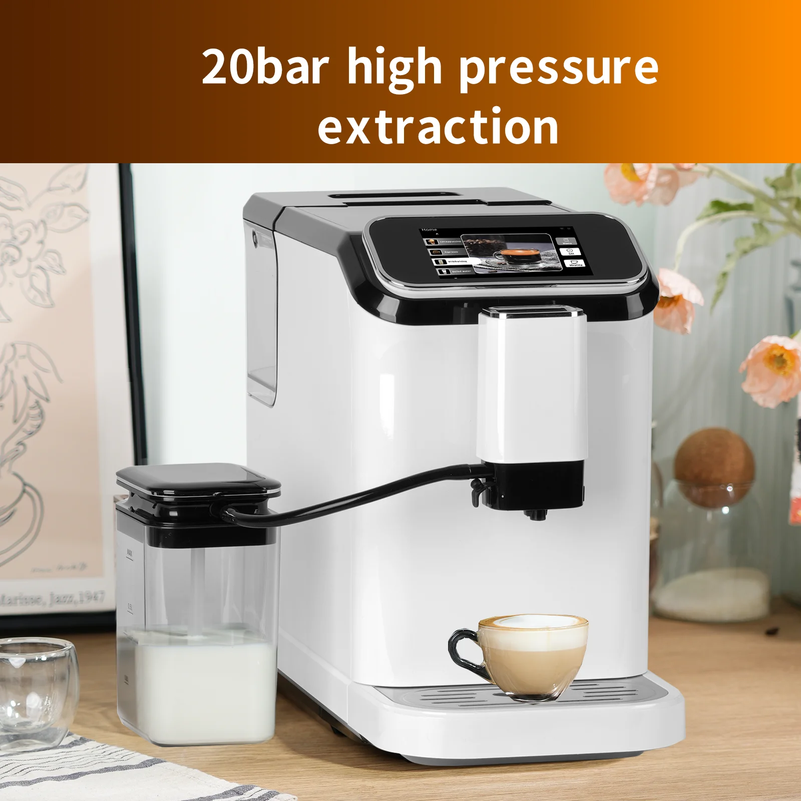 Mcilpoog WS-D5 Automatic Espresso Machine ，Built-In Milk Frother & Tank, 12 Coffee Varieties, Touchscreen，Ideal for Home Use