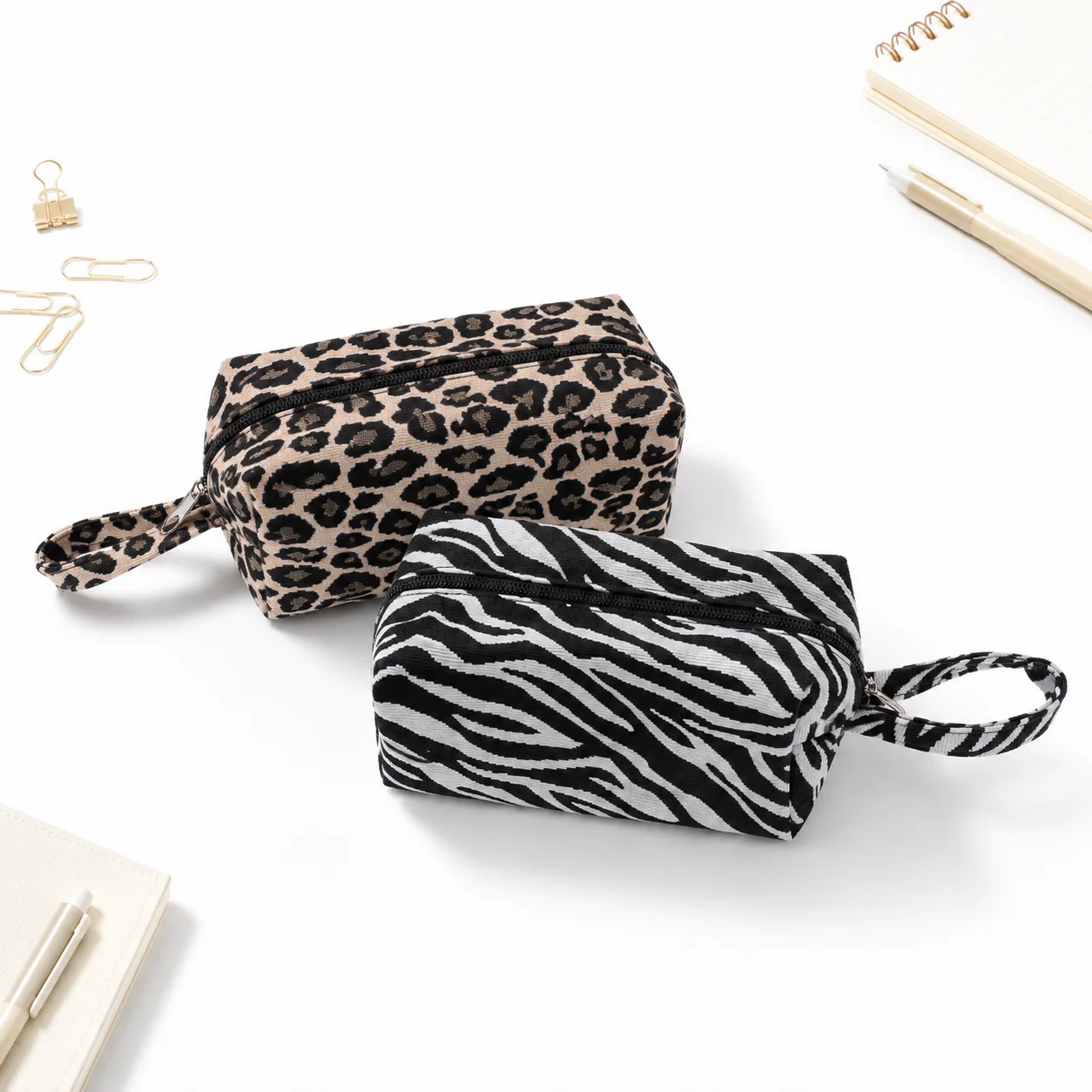 Leopard Zebra Print Corduroy Pencil Case Wrist Strap Zipper Bag for Teen Girls Birthday Back To School Stationery Gift