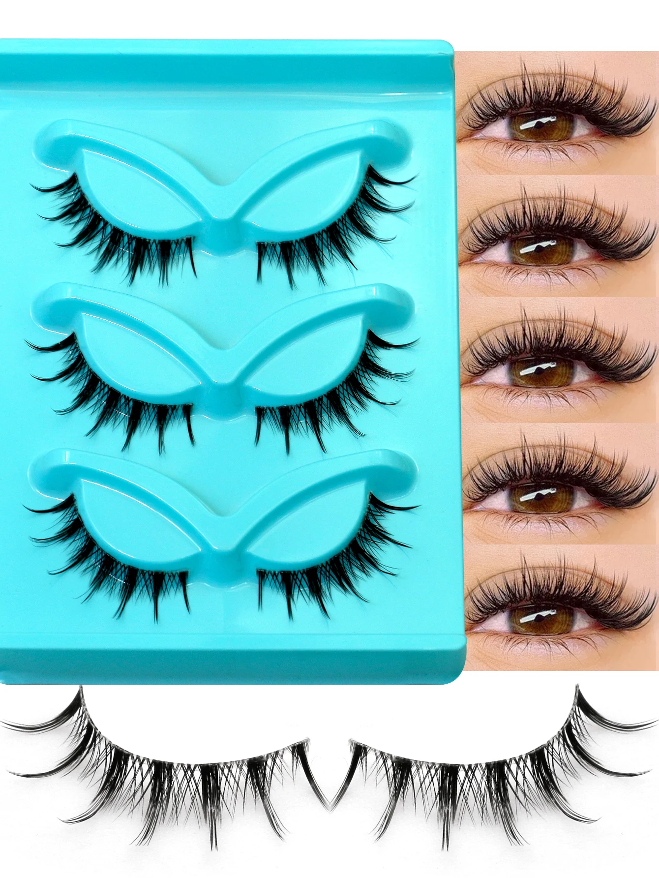 VELTRINAY 3 Pairs Natural Looking Manga Anime False Eyelashes Clear Band Fluffy Faux Mink Lashes Strip Lashes Makeup