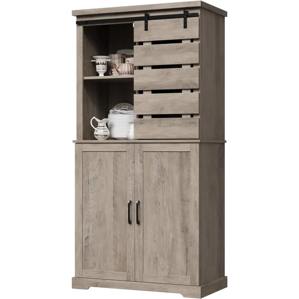 

Kitchen Pantry Cabinet, Tall Storage Cabinet with Sliding Barn Door and Adjustable Shelves, Kitchen Freestanding Cupboard