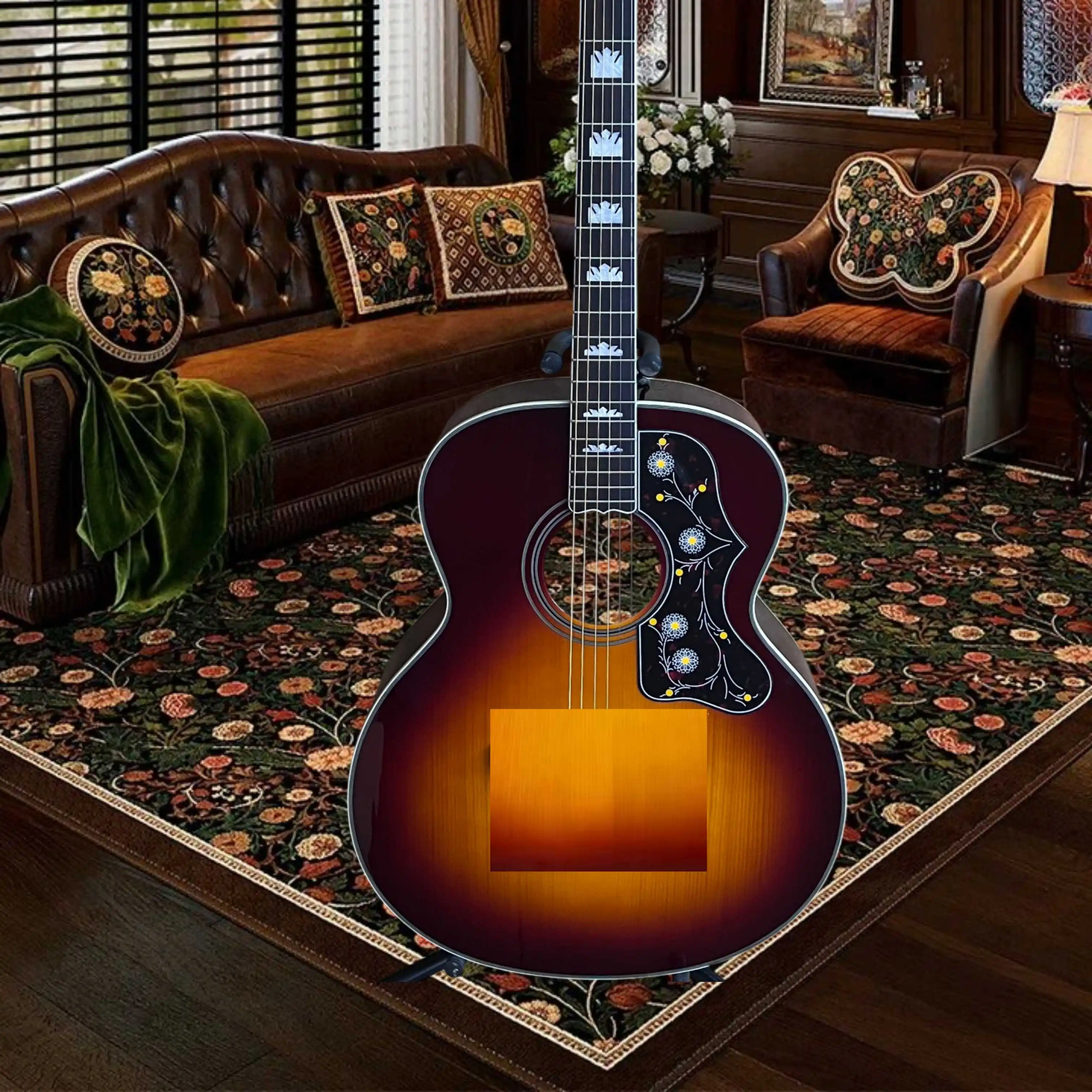 Vintage Sunburst J200 Acoustic Guitar Pearl Inlays Square Shoulder Dreadnought Body Rich Full Tone Ideal Folk Strumming 20 Tone