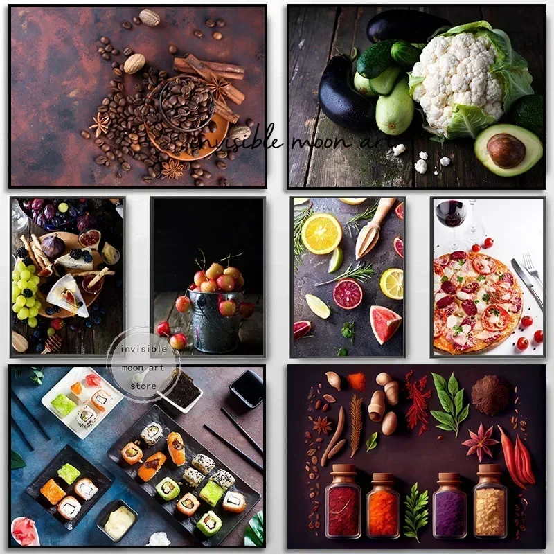 Póster Artístico de comida Gourmet, lienzo, frutas, granos de café, especias, queso, Pasta, Pizza, ternera, cocina, cafetería, decoración del hogar, impresiones artísticas de pared