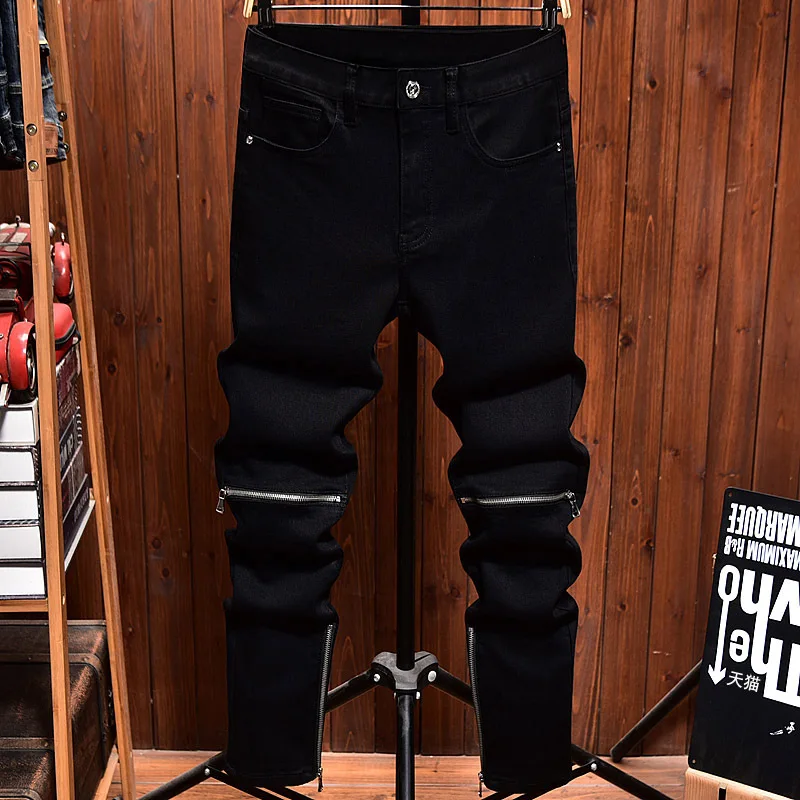 Autumn black jeans men's slim fit small feet American fashion trend brand knee zipper design motorcycle pants