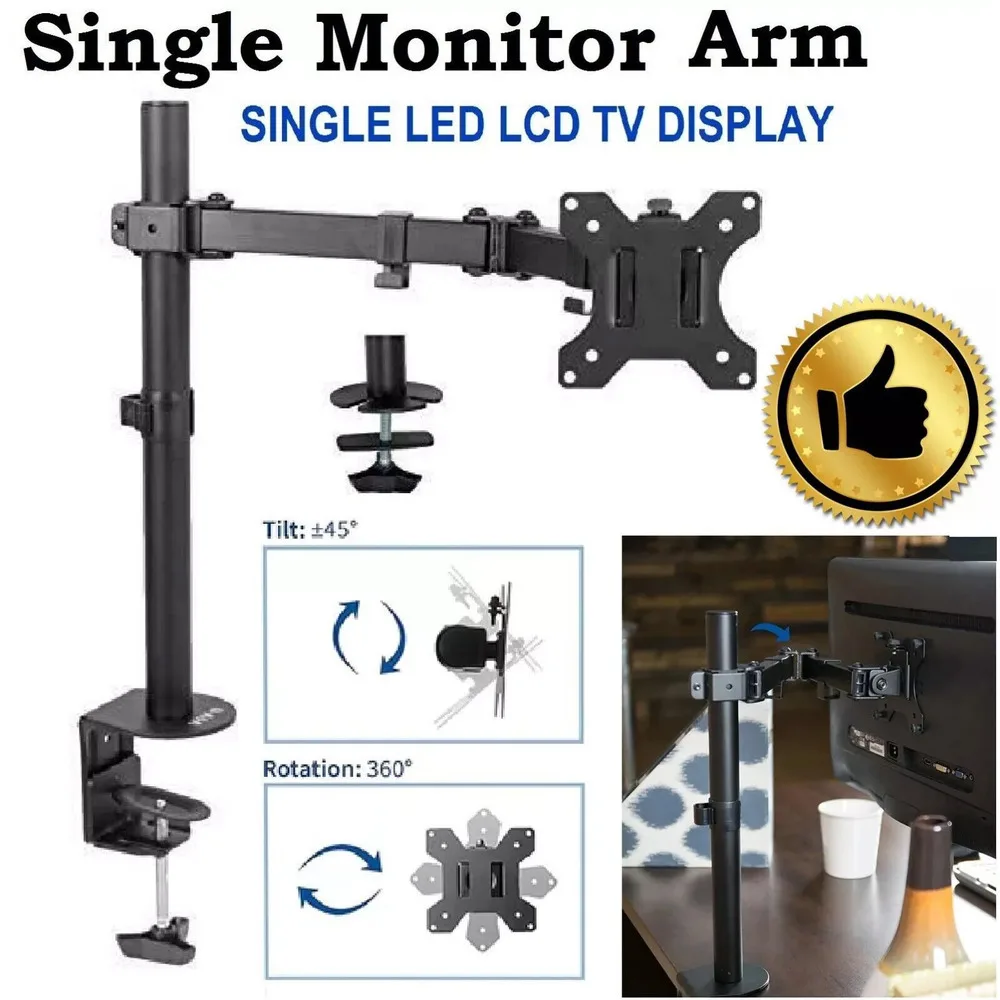 Monitor Stand Arm Single Desk Mount Computer 27'' LCD LED TV Holder 360 Display