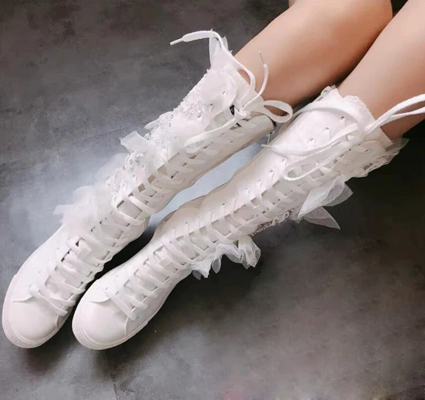White Denim Cloth Rhinestone Beading Flower Flats Knee Boots Round Toe Cross Lace- Up Zipper Woman High Boots