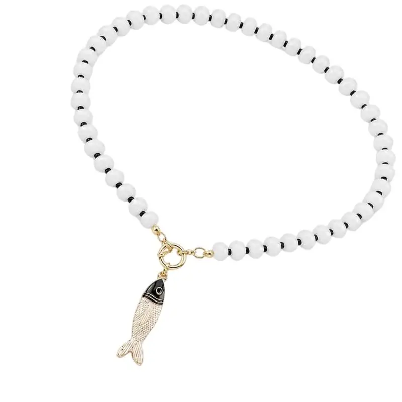 31BB Single-Strand Fish Clavicle Necklace with Natural Stone Beads and Front Toggle-Ring Closure for Vacation Outfit Styling