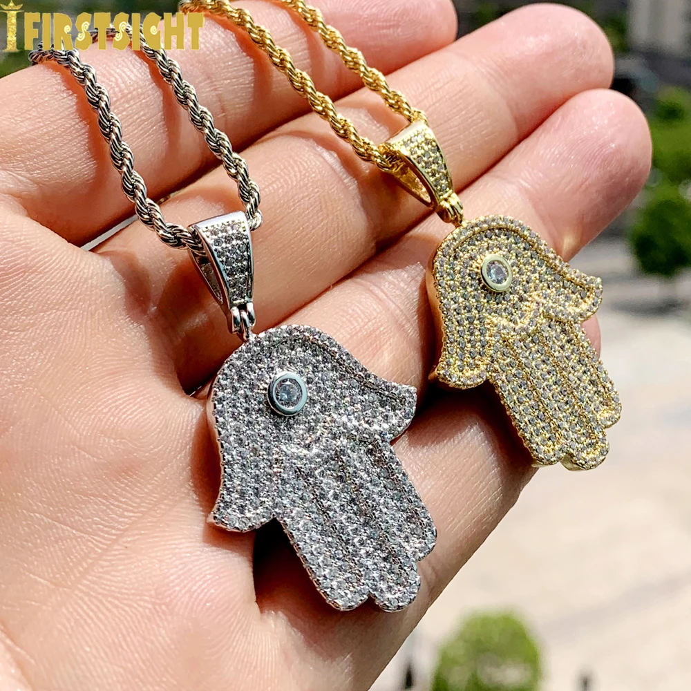 

New Iced Out CZ Hamsa Hand Pendant Necklace Bling Cubic Zirconia Eyes Of The Angel Of Fatima Charm Hip Hop Women Men Jewelry