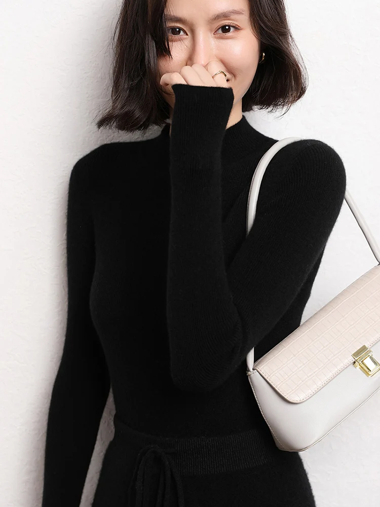 

New Women's Slim Sweater Mock Neck Cashmere Pullovers Soft Warm 100% Goat Cashmere Knitwear Fashion Autumn Winter Bottom Shirt