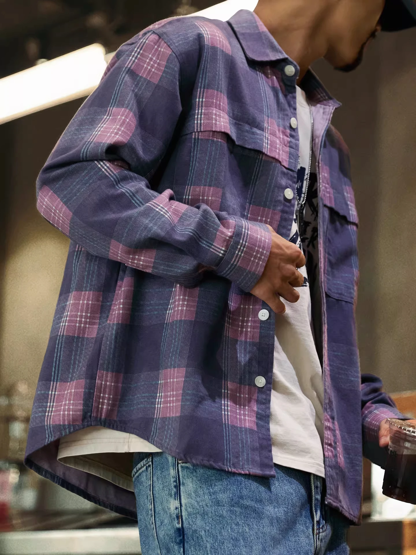 

Loose Fit Long Sleeve Purple Plaid Men's Shirt Casual American Style Spring Autumn New Arrival Breathable Comfortable Youth