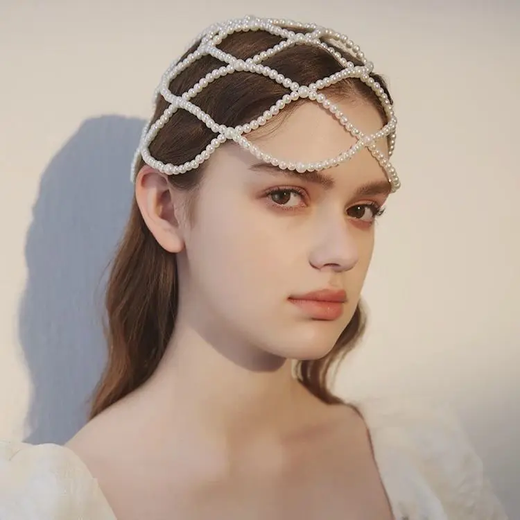 Hair Mesh handmade pearl hair chain Hairpin Headdress Exaggerated Personality Hairband Hair Clip Wedding Accessories Crown
