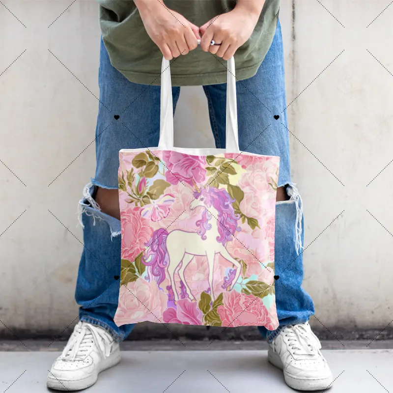 Sacs de style cheval blanc magique coloré avec sac fourre-tout mignon, sac latéral pour dames, sacs à soupe pour femmes, toile pliable