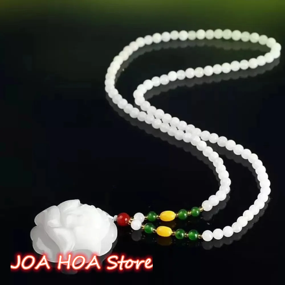 

Hand-carved Pattern Natural White Golden Silk Jade Pendant Round Bead Necklace Chain Exquisite Festival Gift Jewelry Accessories