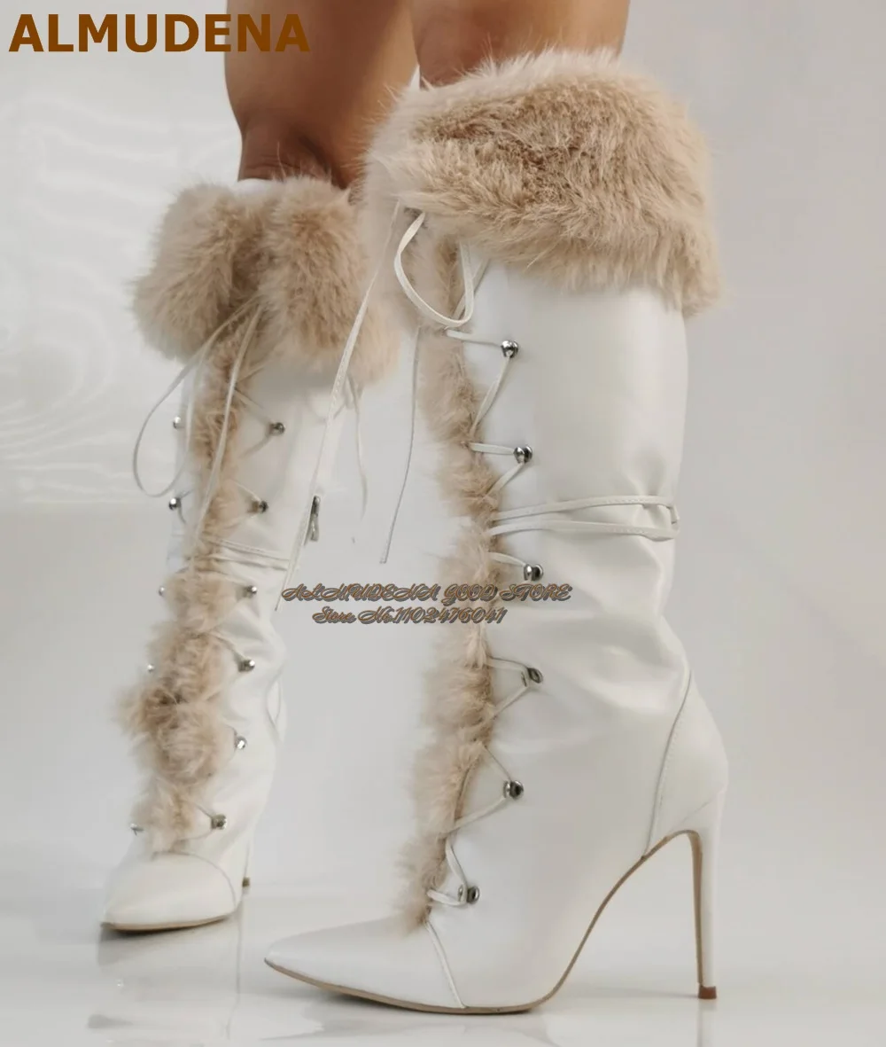 

ALMUDENA White Fur Top Knee High Boots Women Pointed Toe High Heel Stilettos Plush Warm Shoes Lace-up Tall Boots Winter