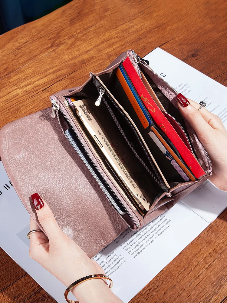 2026-new-layer-cowhide-long-wallet-women's-elegant-double-zipper-full-grain-leather-large-capacity-currency-clip-bifold-wallet