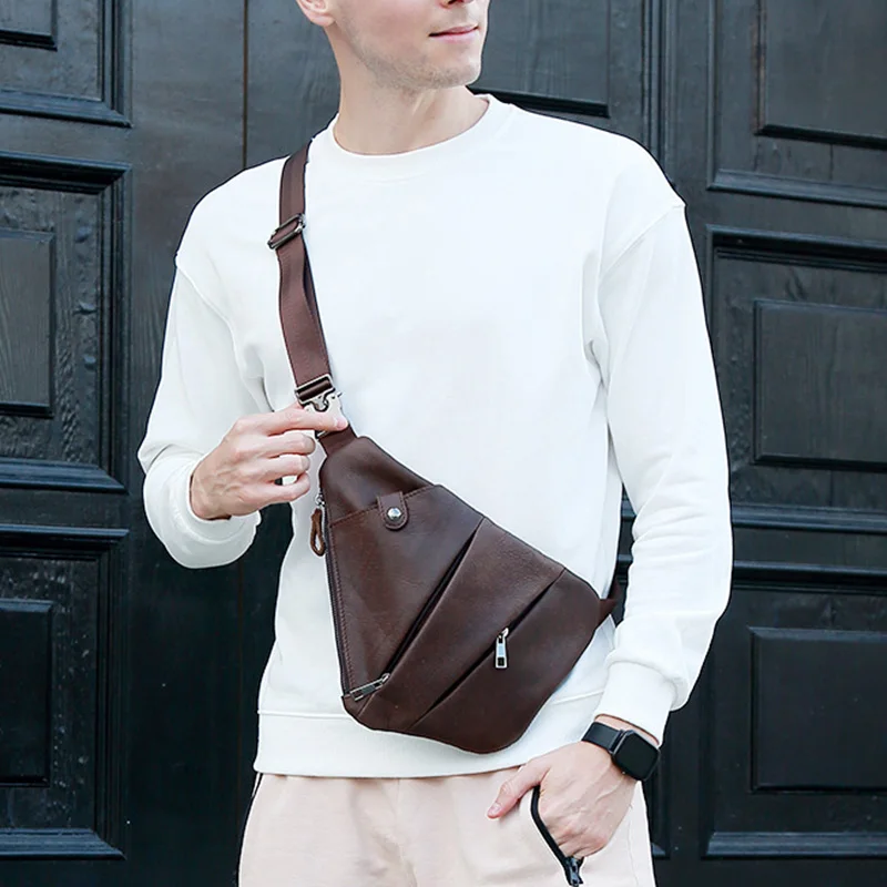 

Винтажная нагрудная сумка, мужская сумка через плечо на слинге, повседневная сумка на плечо из натуральной яловой кожи для повседневного использования с несколькими карманами на молнии