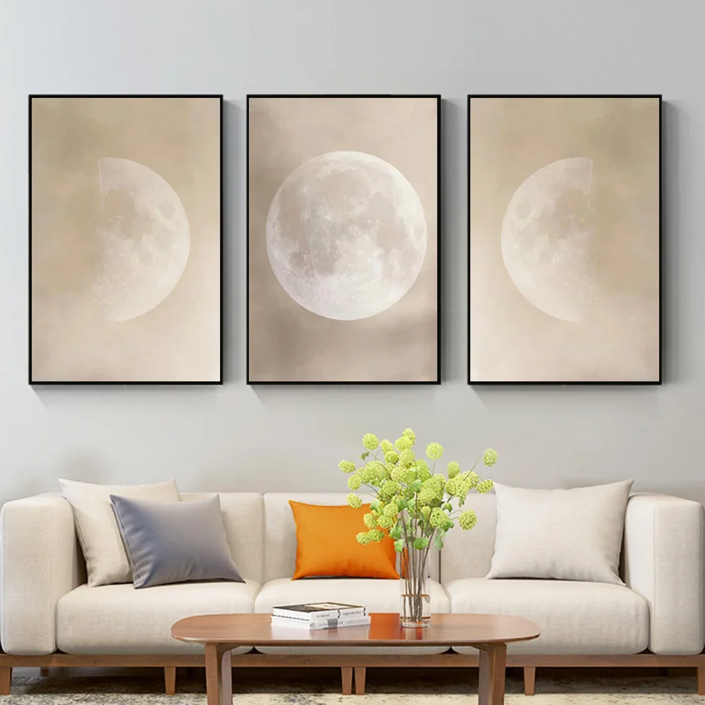 1pc frameless Canvas Painting Beige Wall Art Full Moon Posters And Prints Lunar Eclipse Painting On 3 Panels Canvas Retro Decor